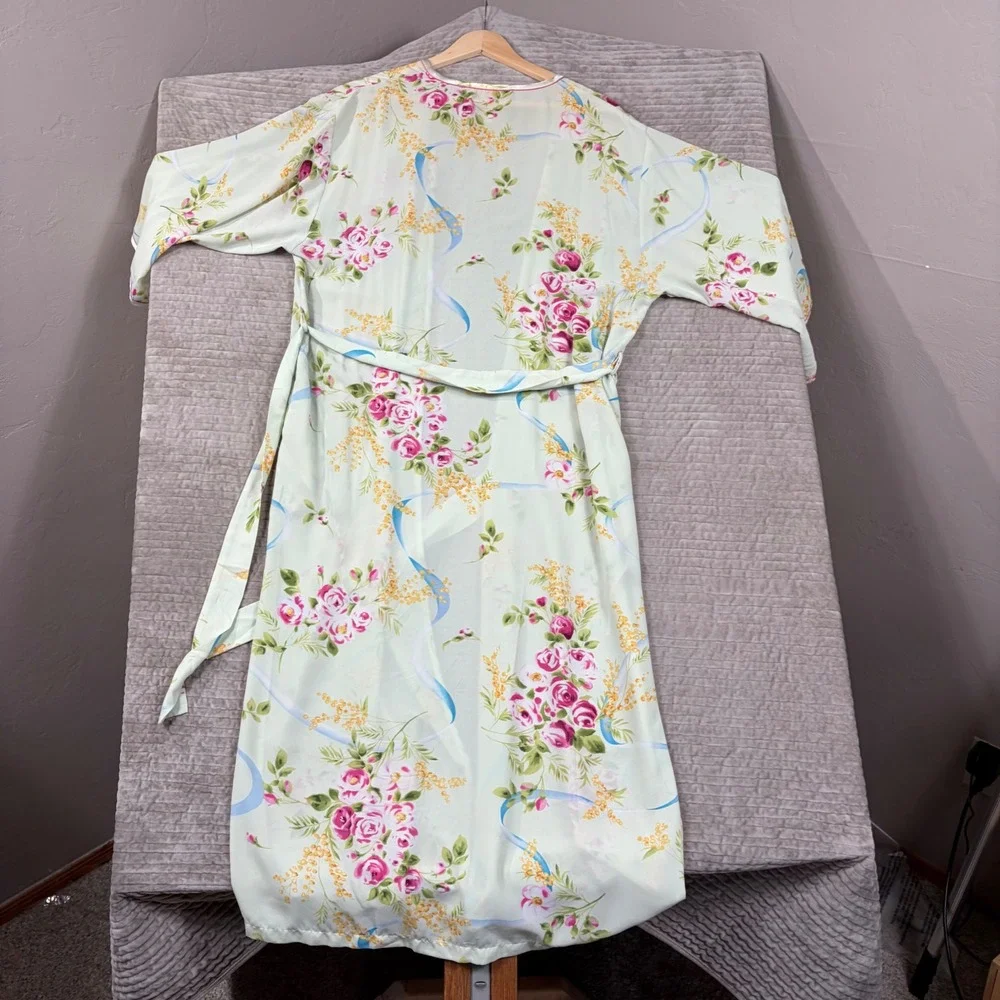 Oscar de la Renta Pink Label Floral Robe and Nightgown Set Mint Green Large XL